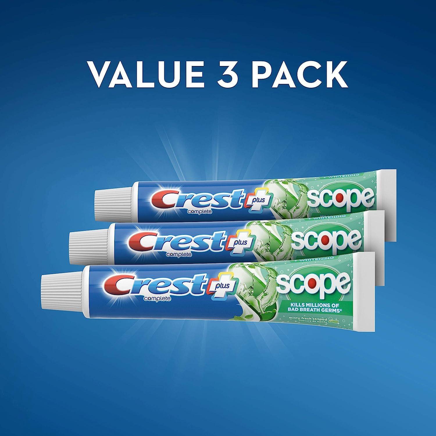 Crest Crest + Scope Whitening Toothpaste - Pack of 3, 5.4 Oz Tubes - Anticavity Fluoride Toothpaste, Fresh Breath, Kills Germs - Tartar Protection, Enamel Protection - Minty Fresh Flavor