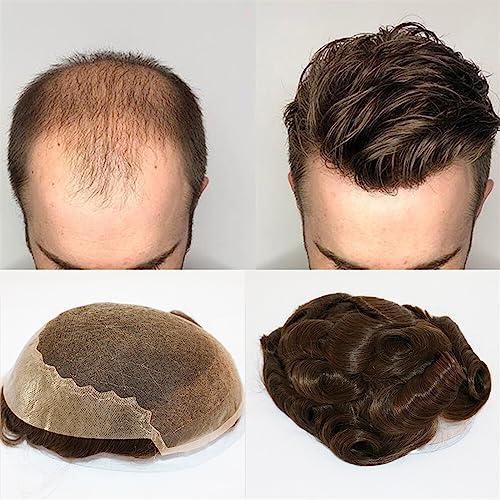 Bustards hair replacement system for men Toupee for Men French Lace & PU Base Men\'s Toupee 6\" Human Hair System Unit Toupee 30 Wave Wig Medium Density Durable Male Hair Prosthesis men\'s toupee(30MM Wave 120%De