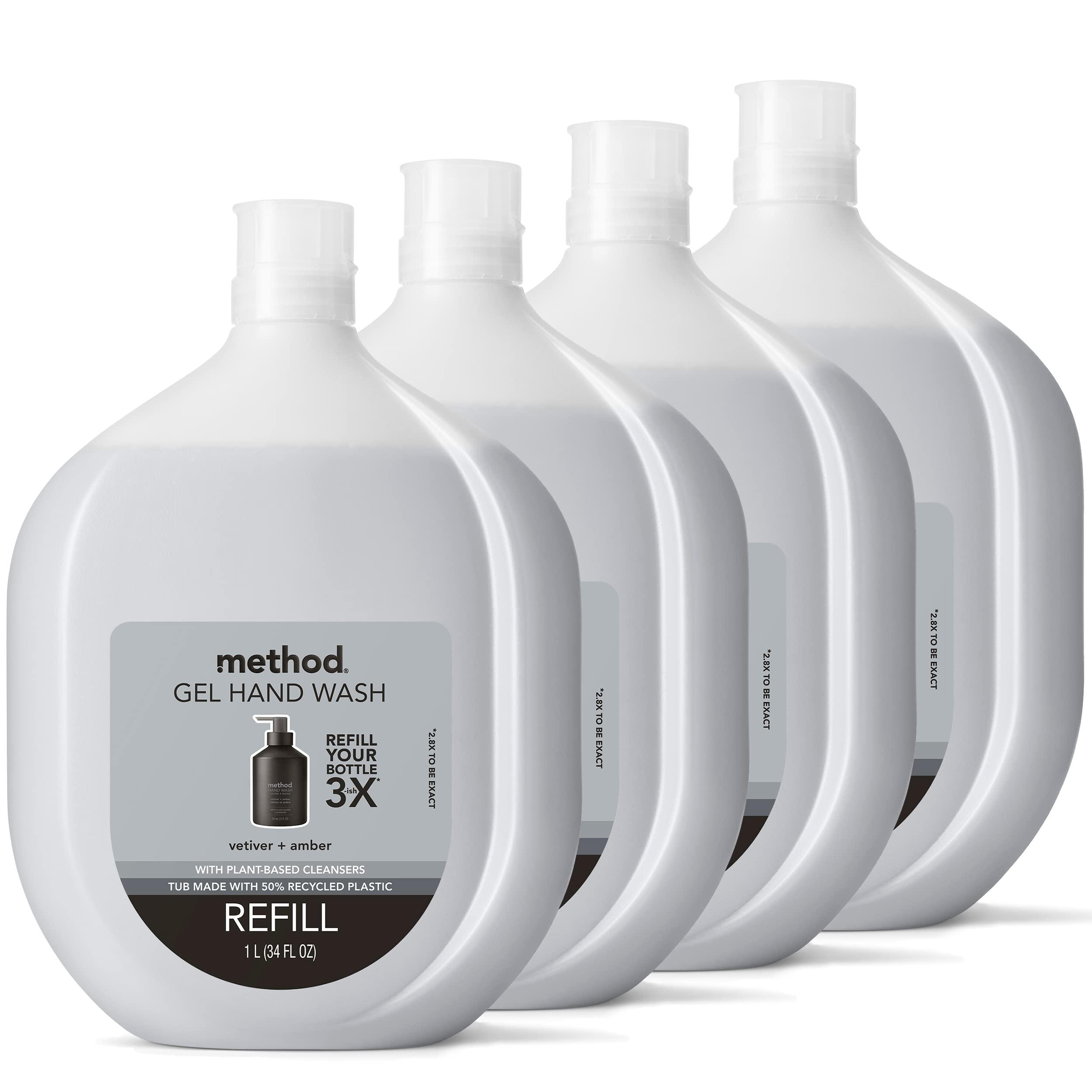 Method Method Gel Hand Soap, Vetiver + Amber, Reusable Black Aluminum Bottle & Premium Gel Hand Wash Refill, Vetiver + Amber, Recyclable Bottles, Biodegradable Formula, 34 fl oz (Pack of 4)