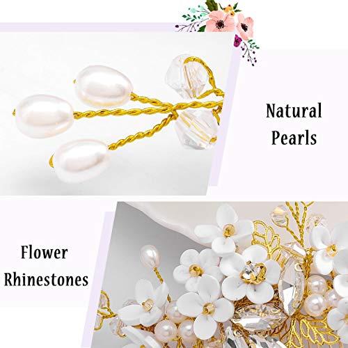 Barode Barode Bridal Wedding Hair Comb Flower Silver Sparkly Rhinestone Side Combs Crystal Bride Leaf Pearl Hair Accessories for Women and Girls (Gold)
