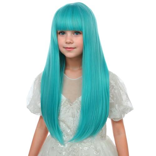 WAVELNM WAVELNM Kids Blue Wig with Bangs Girls Teal Blue Wig Child Bluish Green Long Wavy Wigs Kids Greenish Daily Halloween Cosplay Synthetic Wigs
