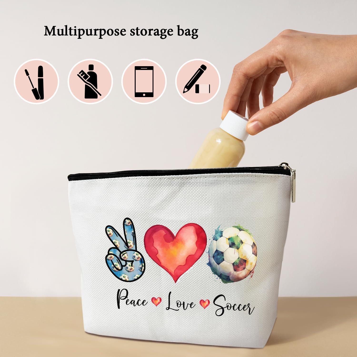Ziyouza Makeup Bag, Football Makeup Organizer Bag, Peace Love Soccer, Portable Toiletry Makeup Pouch, Storage Makeup Zipper Bag, Appreciation Sport Soccer Lover Gift for Women Mentor Coach -13