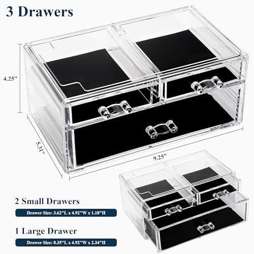Sea Team Sea Team Clear Makeup Organizer with Drawers, Acrylic Plastic Cosmetic Display Case, Jewelry Storage Box, Holder for Dresser, Bathroom, Vanity, Countertop (1 Large, 2 Small Drawers)