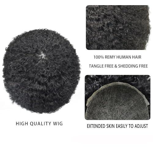 Hair Wonders Afro Toupee for Black Men Soft Full Poly African American Men Toupee Kinky Curly Brazilian Human Hair Pieces Man Weave Hair Unit Black Men 8x10 inch Hair Units for Black Men 1# JET BLACK 12mm wave