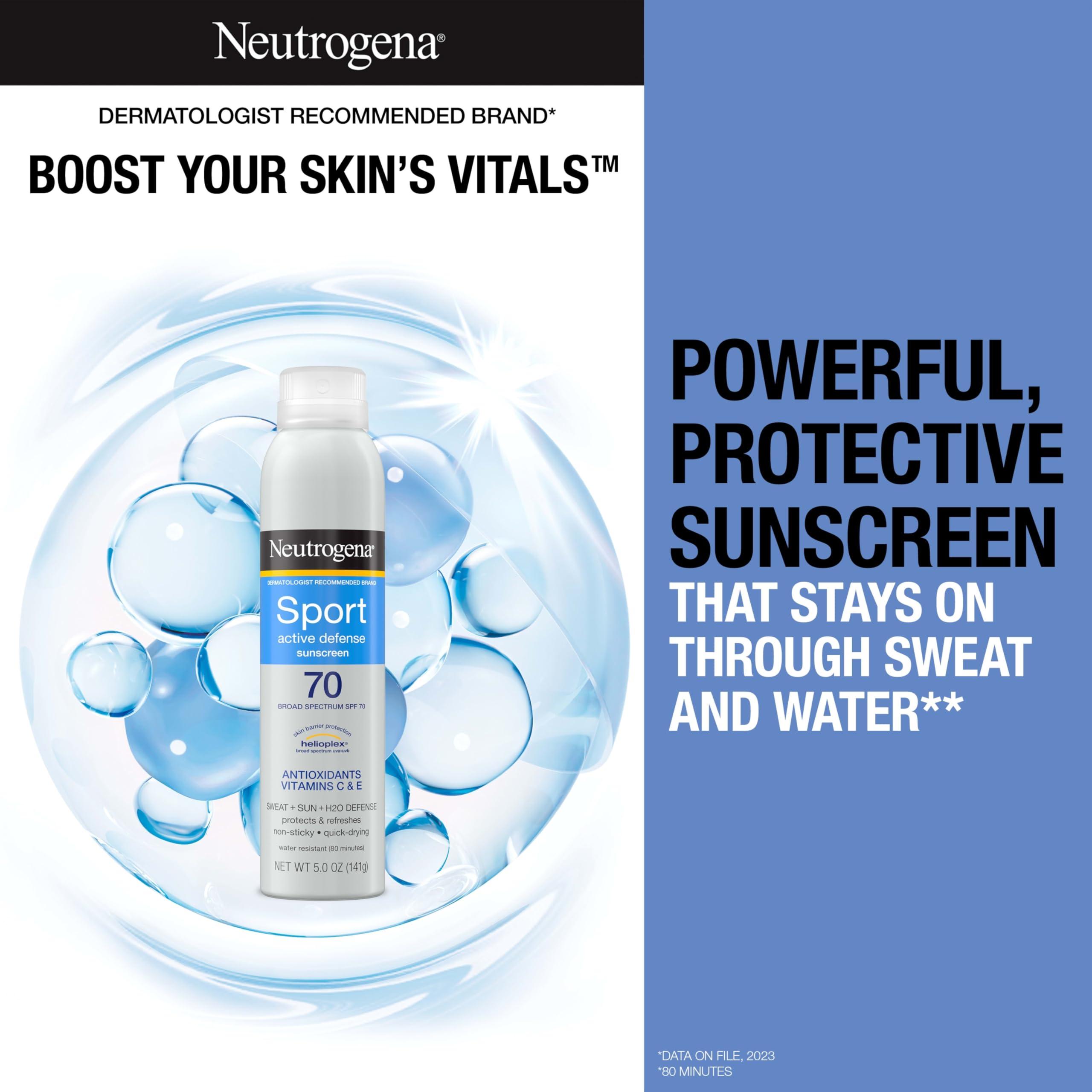 Neutrogena Neutrogena Sport Active Defense SPF 70 Sunscreen Spray, Sweat & Water Resistant Spray Sunscreen with Broad Spectrum Protection for Sunburn Prevention, Oxybenzone-Free, Twin Pack, 5 oz, 2 Pack