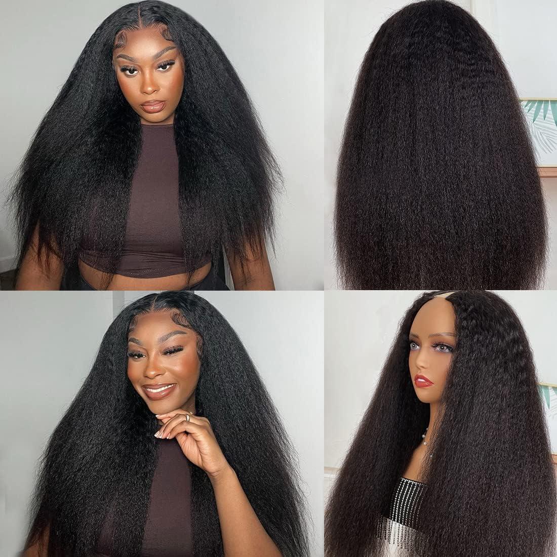 LOVFIR Kinky Straight V Part Wig Human Hair for Women 180% Density Brazilian Virgin Yaki Straight V Part Wig Human Hair Glueless V Shape Wigs No Leave Out Thin Part Wig Upgrade U Part Wig Human Hair 30 Inch
