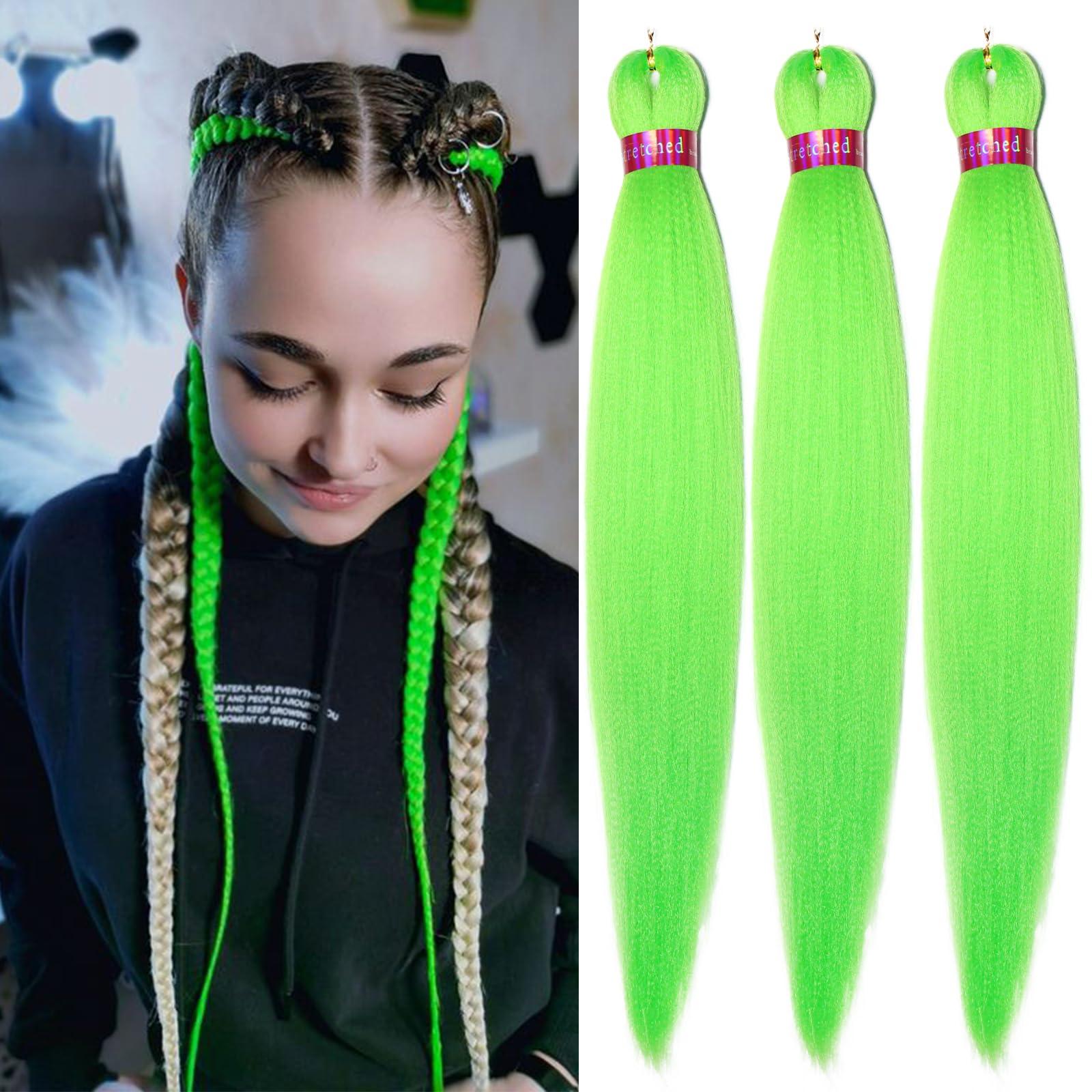 FAYETA Neon Green Braiding Hair Pre Strethched Silky Braid Hair Extensions, 100% Kanekalon Synthetic Itch Free Hair for Braiding Crochet Twist Hair Braid Extensions Yaki Texture(28\'\'-3packs, neon green)