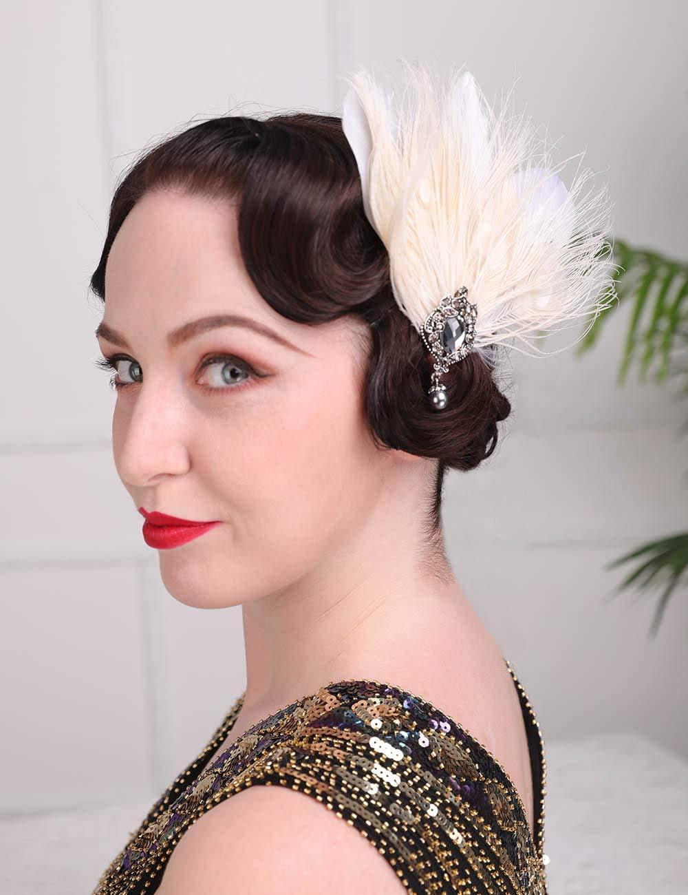 Aimimier Aimimier 1920s Flapper Feather Hair Clip Ivory Headpiece Prom Party Roaring 20s Accessories for Women