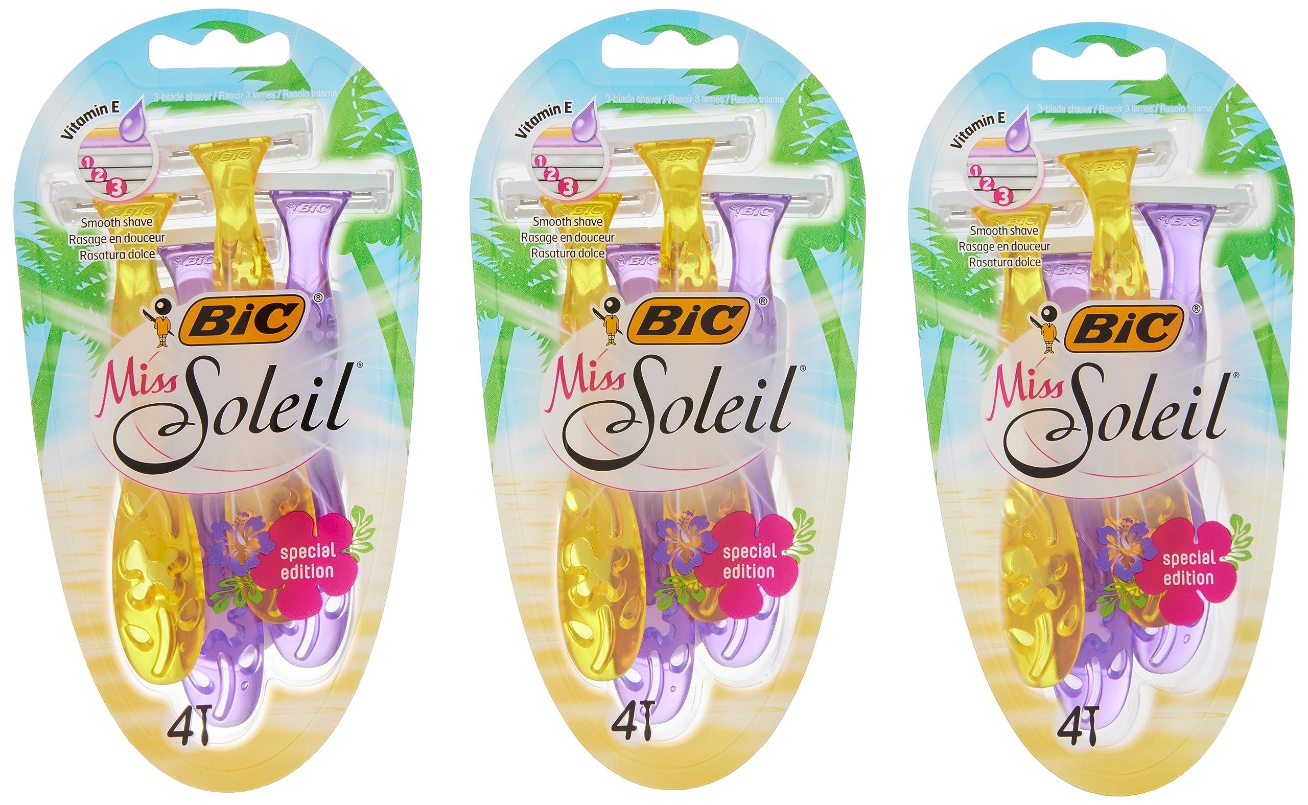 BIC BIC Miss Soleil disposable razors for women, 3 x 4 pack of disposable razors with 3 blades each, with vitamin E for a gentle shave, special edition
