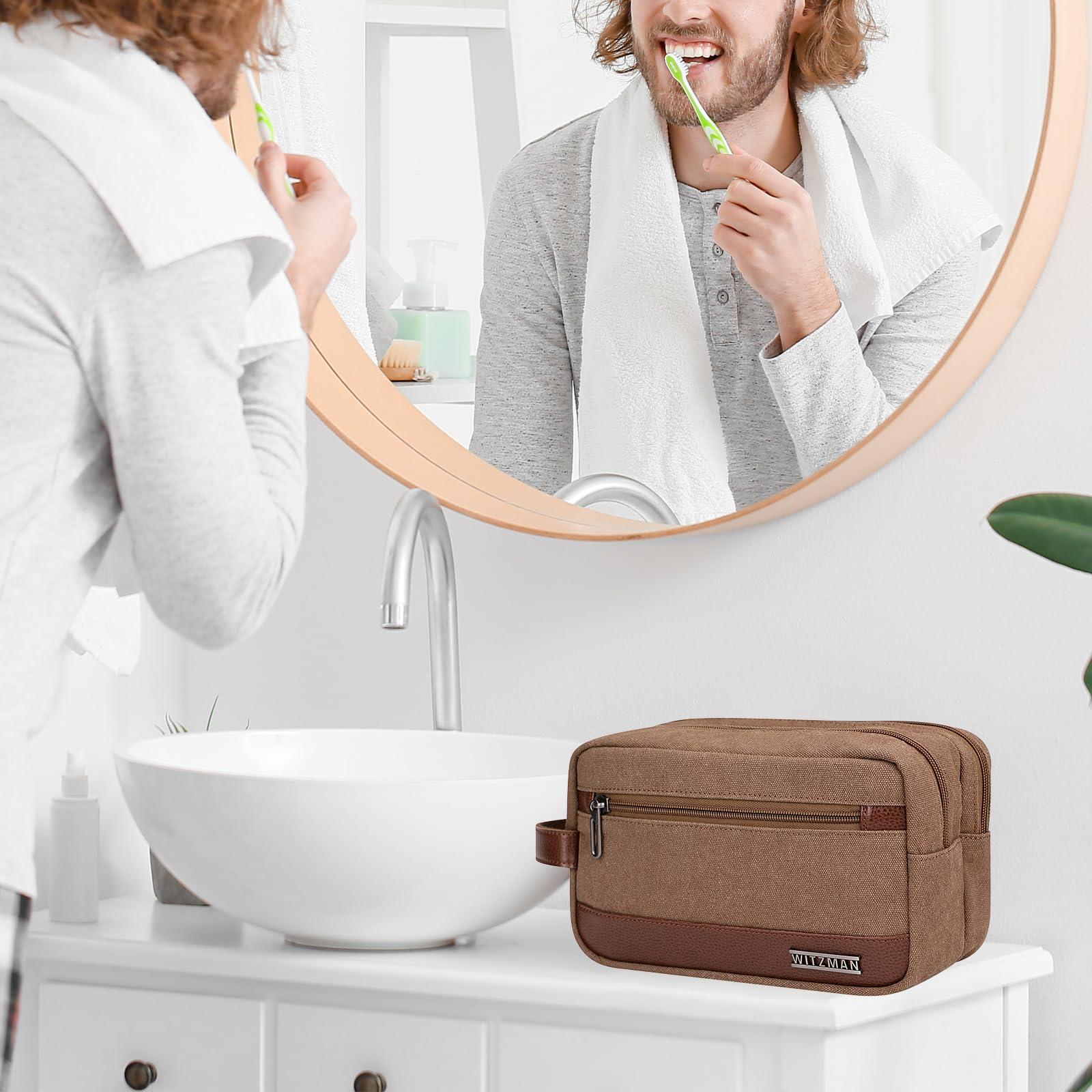 WITZMAN WITZMAN Canvas Toiletry Bag for Men Hanging Dopp Kit Organizer Water-resistant Men Travel Toiletries Bathroom Bag with Wet Pocket(A8001 Brown)