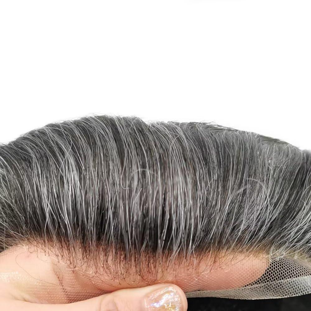SINGA HAIR Mens Toupee Wigs Hair System for Men Human Hair Piece Replacement Natural Hairline Toupee for Men French Lace Front Mens Hair Unit 7\'\'X9\'\' #1B50 Off Black+50% Gray 80% Light Density