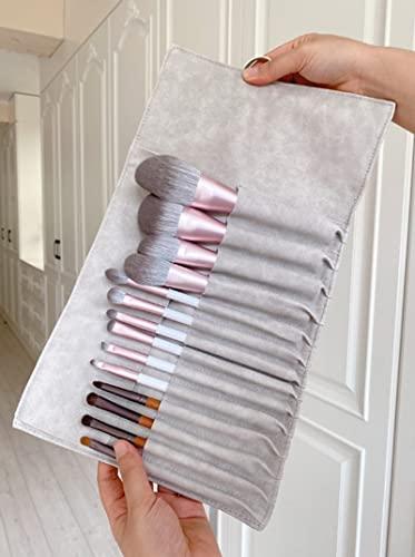 VASANA Gray Soft Makeup Brush Rolling Case Mini Cosmetic Brush Organizer Portable Roll Up Brush Holder Pouch Bag for Travel Business Trip 14 Pockets