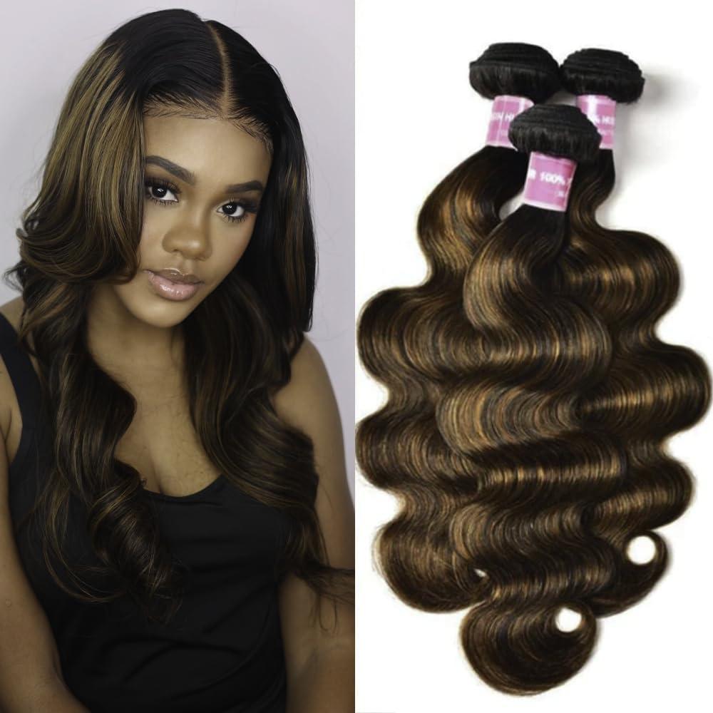 KLAIYI KLAIYI Ombre Brown Highlight Body Wave Human Hair Extensions 3 Bundles of 14 16 18Inch Balayage Honey Blonde Virgin Hair Weaves for Women Double Wefts Wavy Remy Hair with Dark Roots Sew In Piano Color