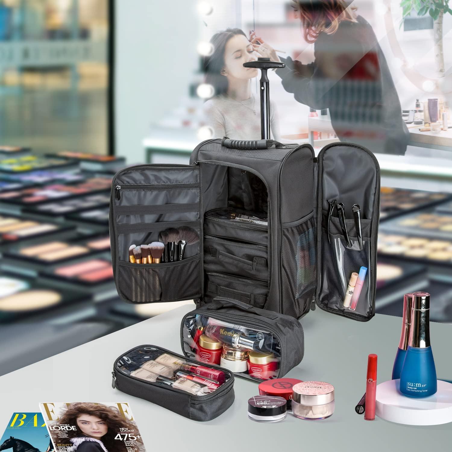 Kemier Kemier Travel Makeup Train Case - Professional Rolling Cosmetic Case Portable Artist Makeup Backpack with Wheels Large Capacity Trolley Organizer Storage Bag for Women Black