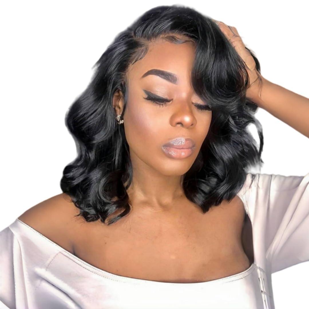 EMOBANA Bob Wig Human Hair 13x6 Lace Front Wigs 16 Inch Loose Body Wave HD Lace Frontal Wigs Glueless Wigs Human Hair Pre Plucked Wear and Go Short Bob Wigs for Black Women Natural Black Color