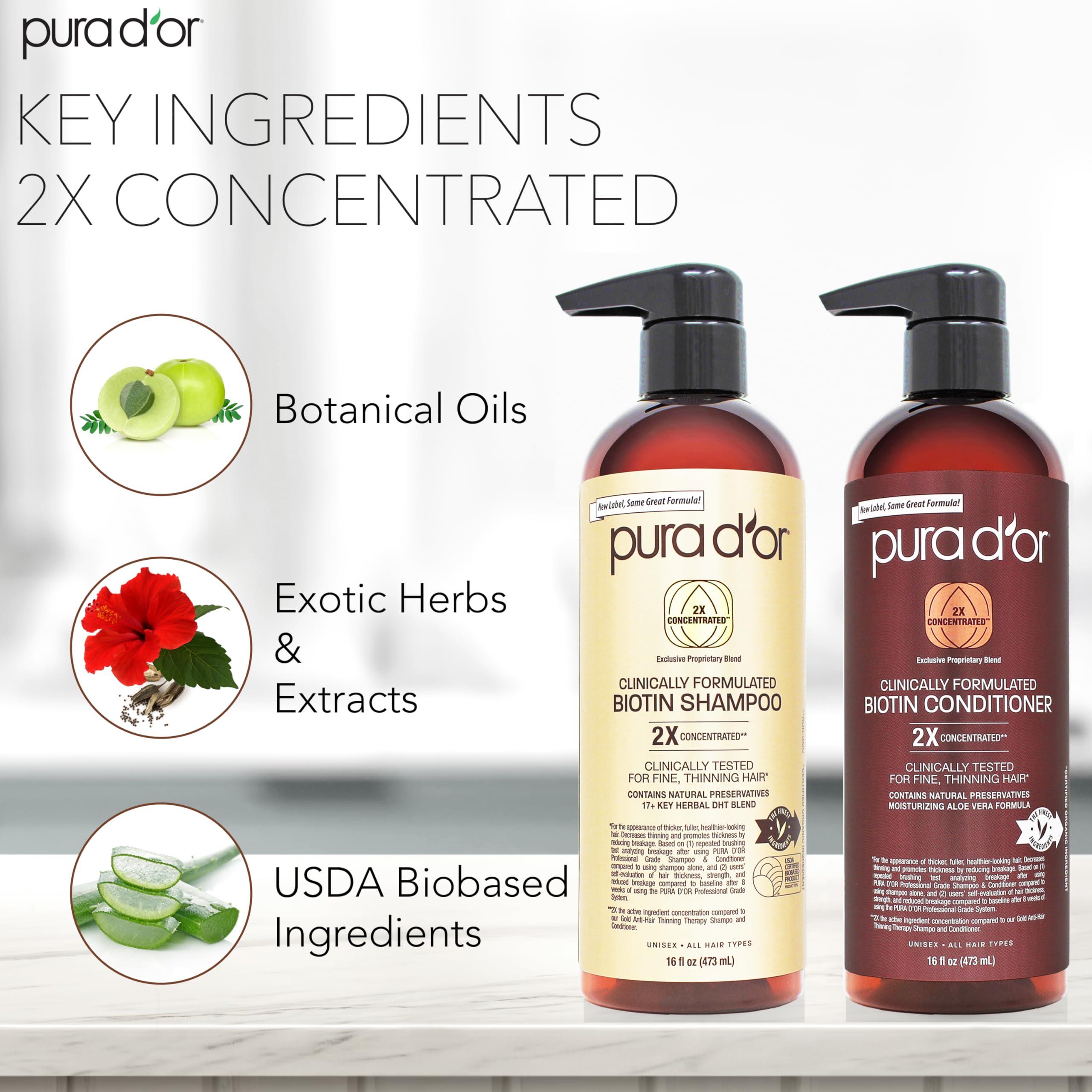 PURA D'OR PURA D\'OR Professional Grade Clinically Formulated Biotin Shampoo & Conditioner For Hair Thinning - 2X Concentrated DHT Blocker Thickening Products For Women & Men, Sulfate Free, 16oz x2