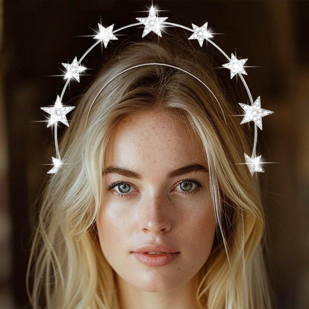Kilshye Kilshye Rhinestone Star Goddess Headband Crystal Halo Crown Headpiece Bridal Hair Band for Women (Silver)