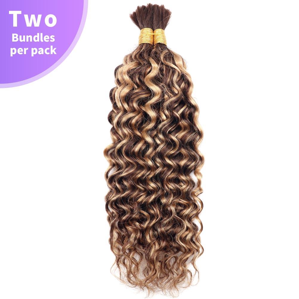 kloiynj Human Braiding Hair Water Wave Bulk Human Hair For Braiding 100g (1pack-2bundles) No Weft 100% Unprocessed Virgin Human Braiding Hair For Boho Braids Water Wave Micro Braiding Human Hair 16inch #4/27