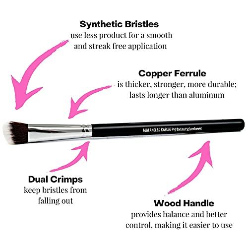 Beauty Junkees Angled Eyeshadow Blending Makeup Brush – Small Mini Angle Kabuki, Synthetic Eye Shadow Blender Brushes for Eyelid, Brow Bone, Crease, Cheek Highlighter, Setting Liquid Cream Mineral Powder Cosmetics