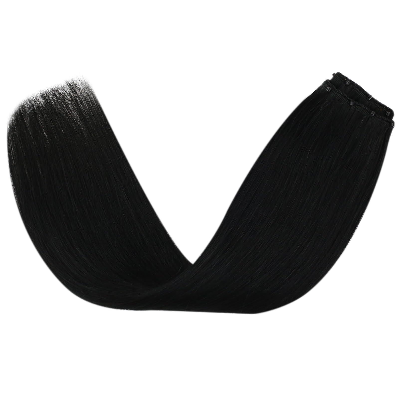 Sunny Hair Sunny Hair Beaded Weft Hair Extensions Human Hair 50G Micro Bead Hair Extensions Real Human Hair Vigorous Straight Weft Hair Extensions with Micro Beads Jet Black 16 inch