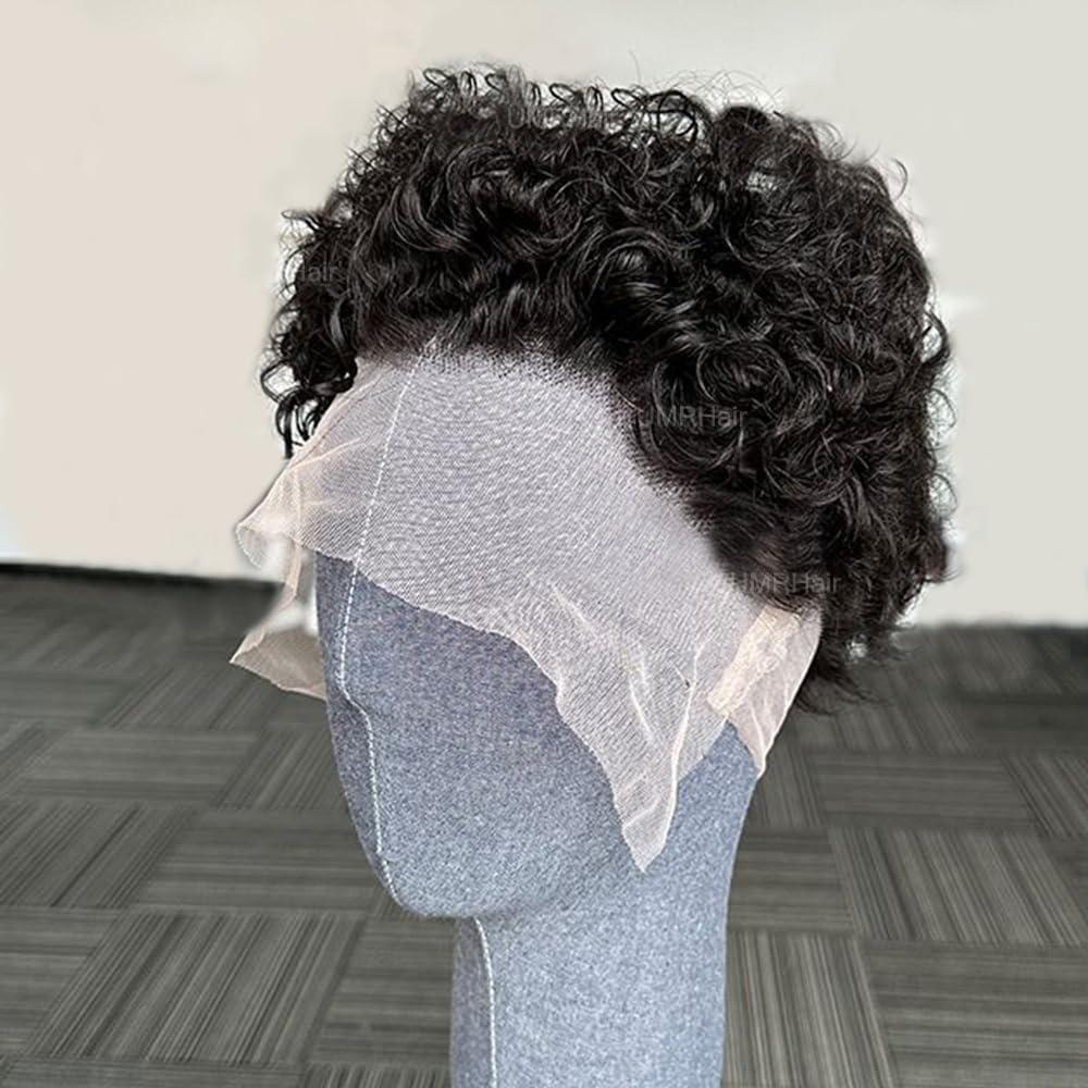 UMRHair Short Pixie Cut Curly 13X6 Deep Part Lace Front Wig for Men Human Hair Natural Black Kinky Curly Men Wigs Human Hair Preplucked Glueless Wig 8inch 130Density