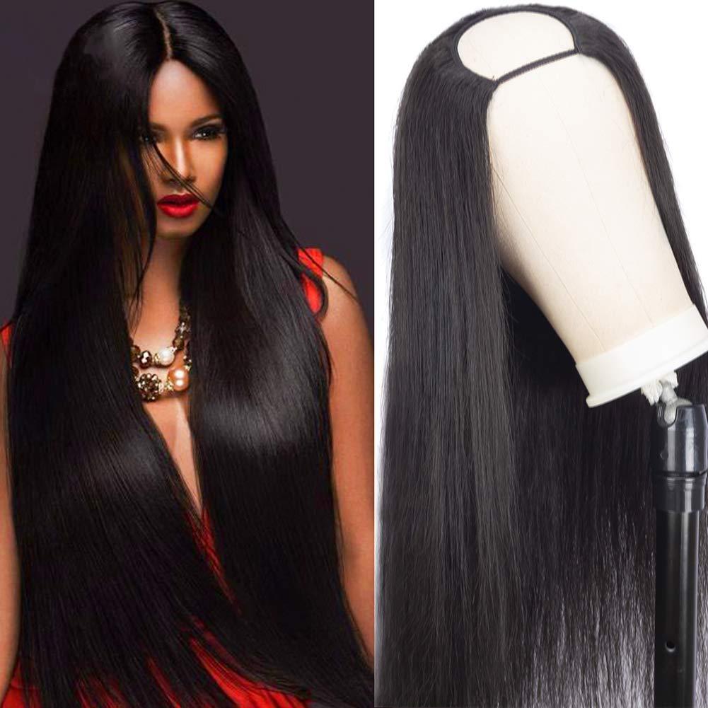 Prime Kitty U Part Wig Human Hair Right Side Part 1x3 Medium Cap #1 Jet Black U Part Right Side Wig Silky Straight Right U Part Wigs for Black Women Upart Human Hair Wig 180 Density No Shedding & No Tangling 8\"