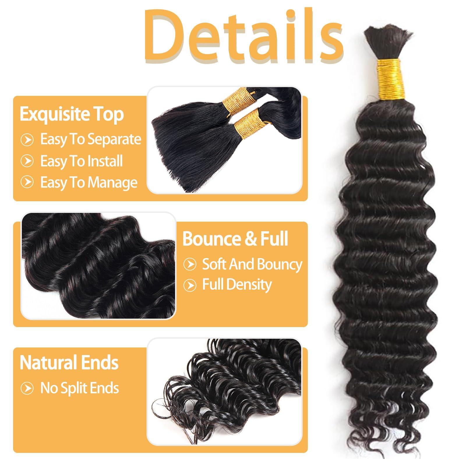 KISS HAIR Human Braiding Hair 1 Bundles/Pack 100g 18 Inch Deep Wave Curly Bulk 100% Human Hair for Braiding No Weft 10A Brazilian Virgin Human Hair Extensions for Boho Braids Natural Black Wet and Wavy