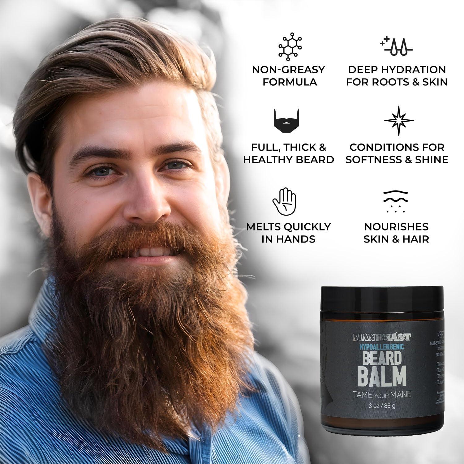 ManBeast ManBeast Hypoallergenic Beard Balm for Men - Nut Free and 100% Natural Beard Balm, Beard Conditioner for Men with Light Styling Hold, Mens Beard Balm Beard Oils - Made from Seed-Based Oil (Lion\'s Den)