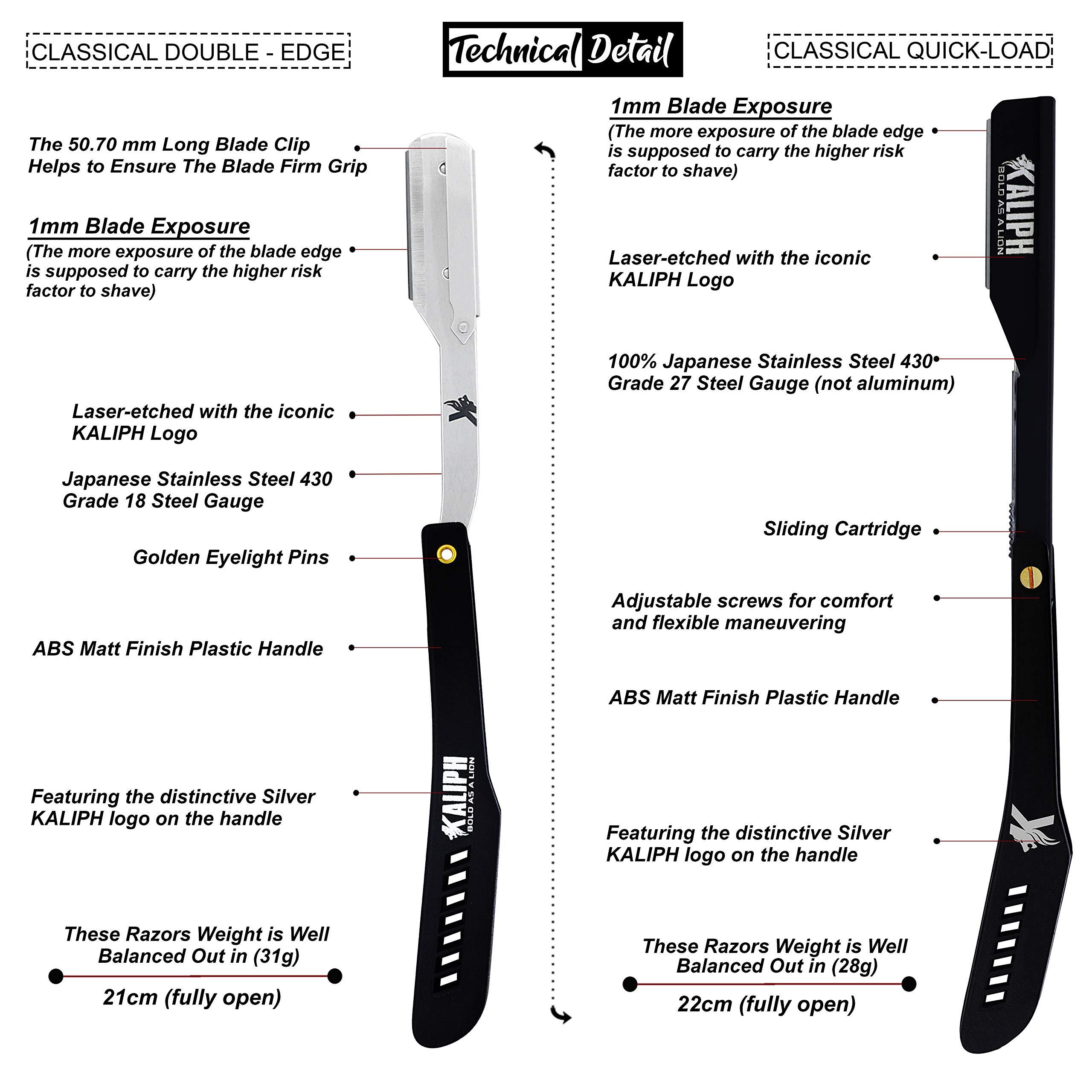KALIPH Kaliph Professional Straight Razor For Men - Premium Pack of 2 Straight Edge Barber Razor With 100 Blades - Smooth Shaving Men's Manual Cut Throat Shaver Safety Kit (Black)