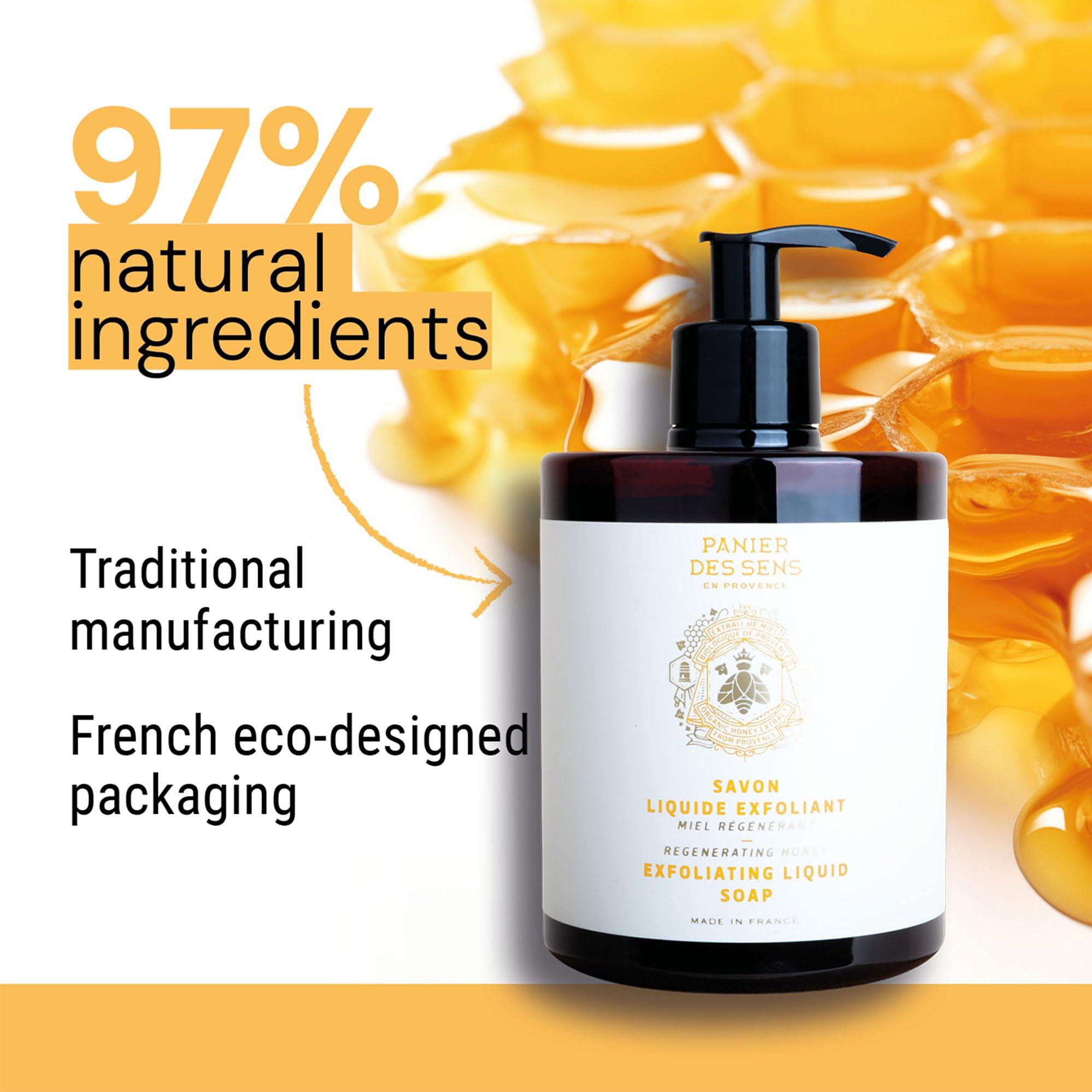 Panier des Sens Panier des Sens - Liquid Hand Soap Honey Exfoliating Hand Wash - French Marseille Moisturizing Soap with Coconut Oil - Refillable Kitchen & Bathroom Hand Soap - 97% Natural Ingredients -16.9 Fl.oz