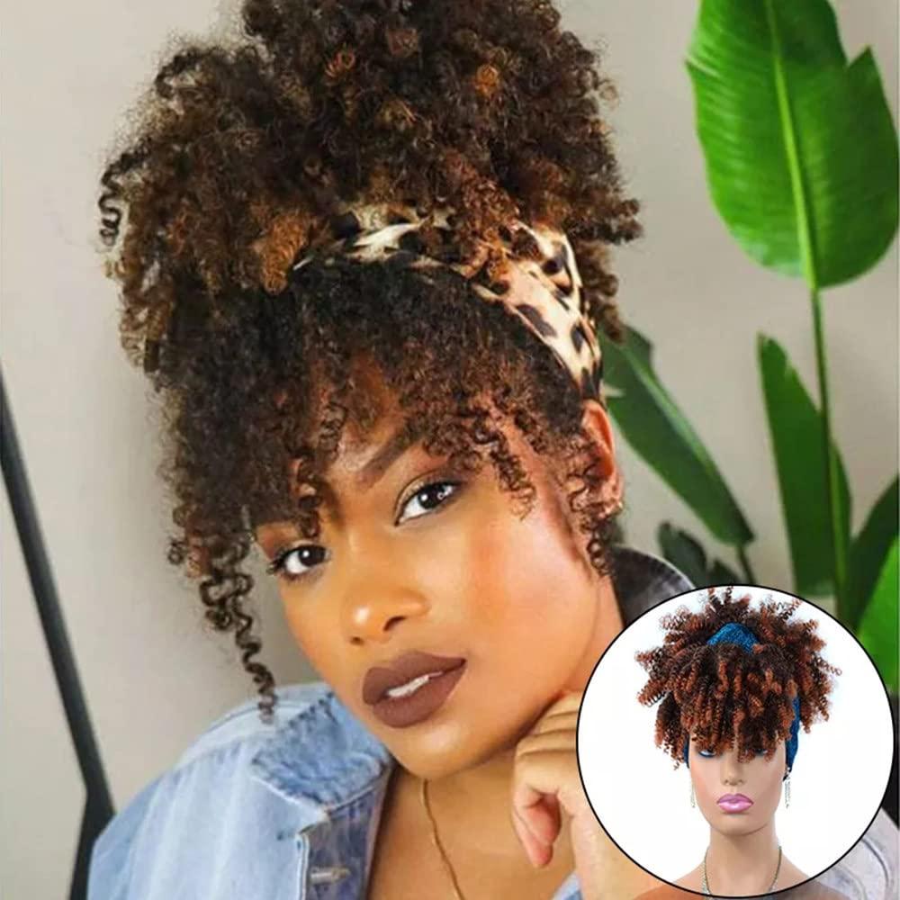 SXSZLYP Afro Headband Wig Short Afro Kinky Curly Wigs for Black Women,Natural Black Glueless Afro Wigs with Headbands Attached Afro Curly Headband Wigs Synthetic Afro Scarf Wigs,C