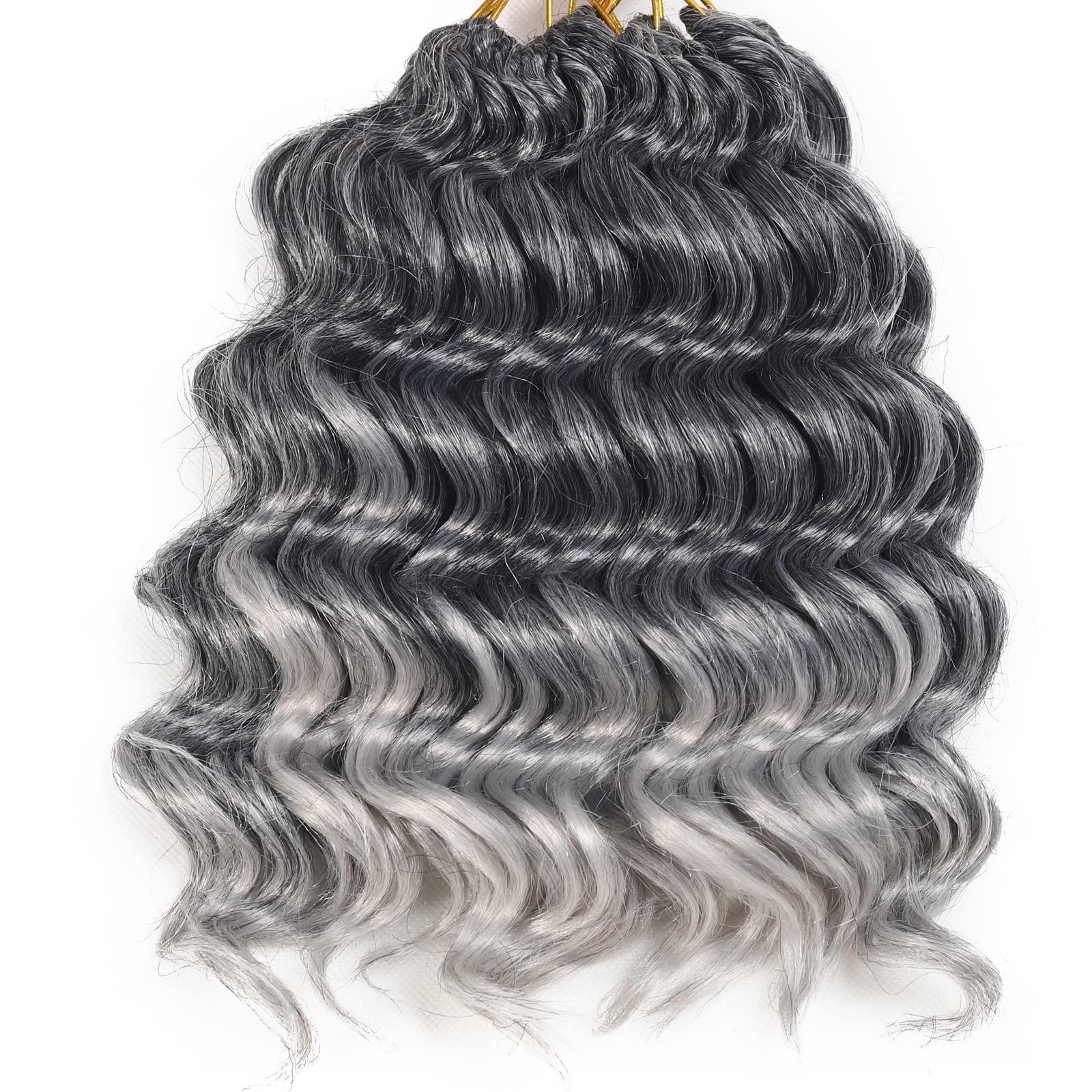 Svolna Ocean Wave Crochet Hair Pre Looped 9 Inch Grey Ombre Curly Braiding Ocean Wave Hair 7 Packs Deep Wave Short Wavy Ocean Wave Crochet Braids Hair Extensions for Women (9Inch (Pack of 7), Tgrey)