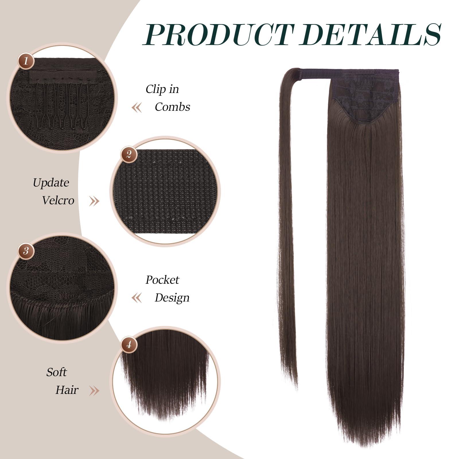 FESHFEN FESHFEN Straight Ponytail Extensions - 28 Inch Long Wrap Around Synthetic Ponytails Hair Piece Pony Tails Extensions Hairpieces for Women, Brown