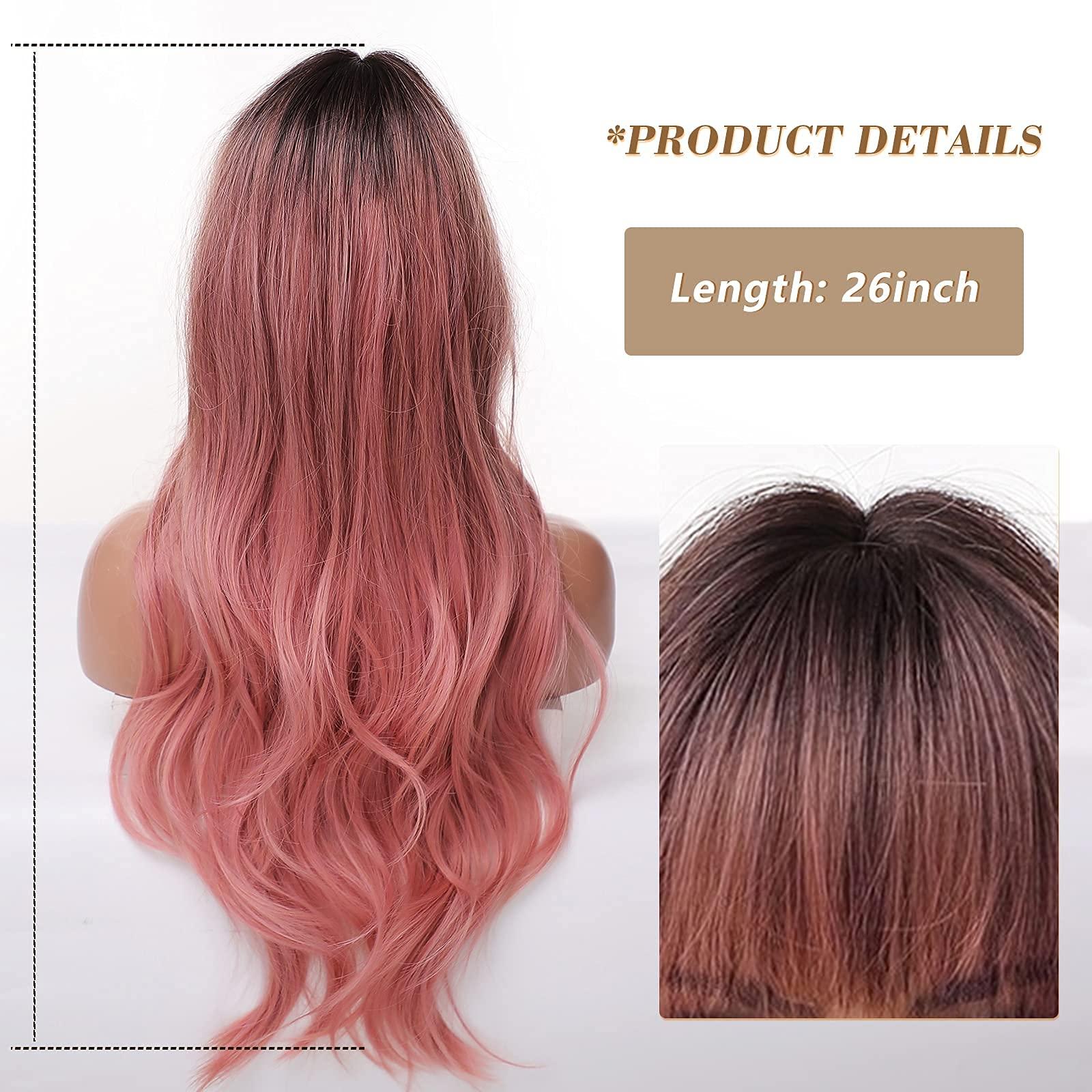 EMMOR EMMOR Long Ombre Pink Wig for Women - Natural Curly Hair Synthetic Wigs With Bang Dark Root, Party Cosplay Daily Use (2pcs Free Wig Cap)