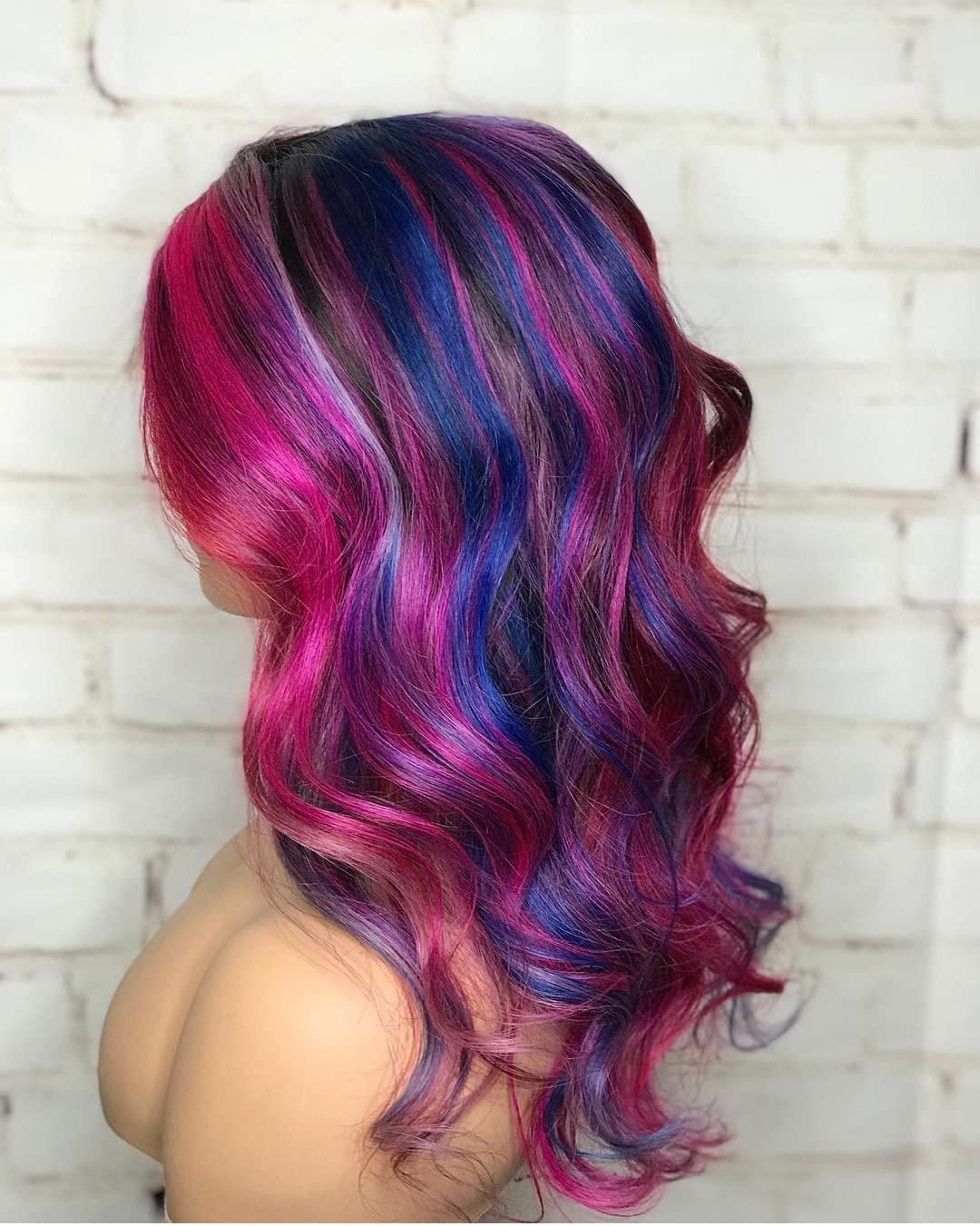 HAOKE Highlight Blue Purple Wig Body Wave Lace Front Wig Colorful Wigs Pre Plucked Bleached Knots Lace Front Wig Glueless Human Hair Wigs For Black Women(20inch, Highlight Blue Purple)