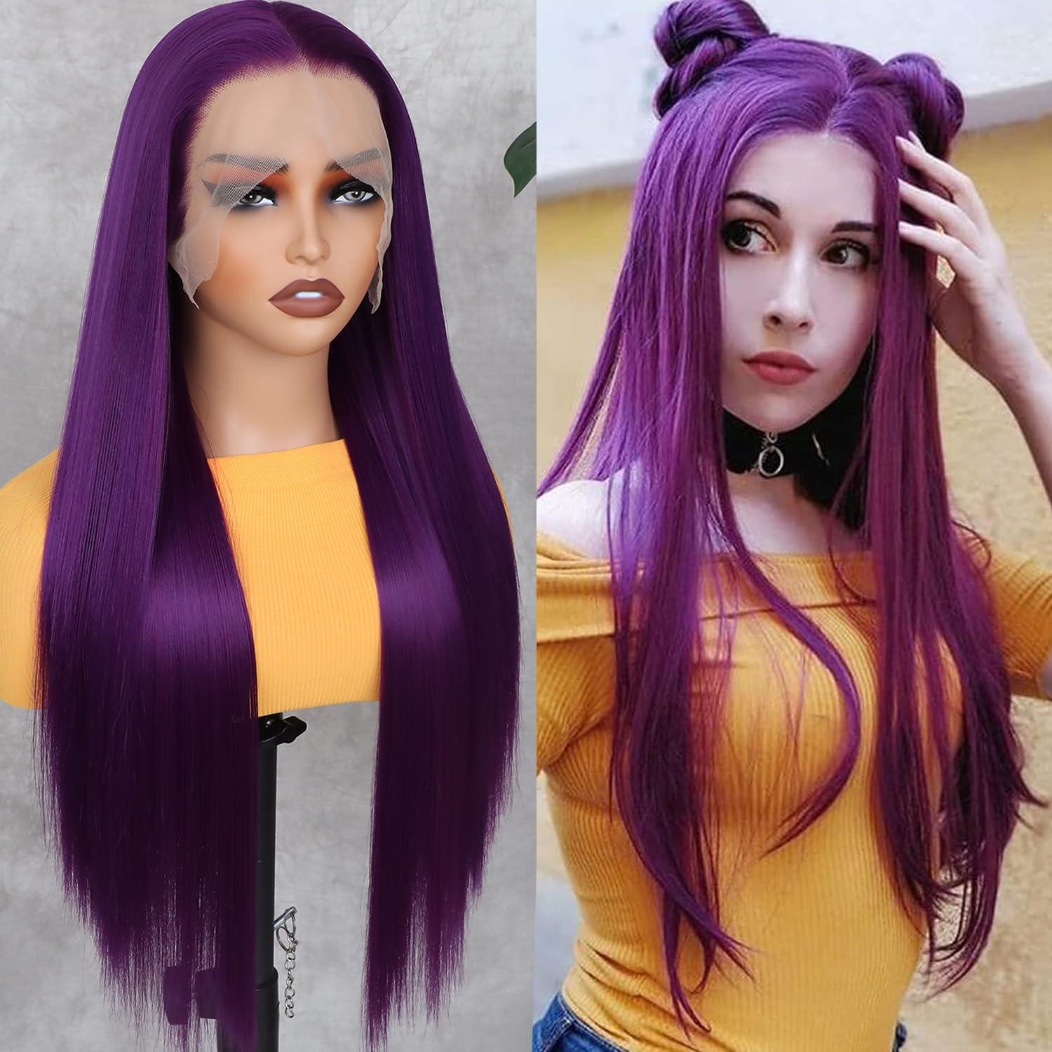 Lezaxiu Lezaxiu Purple Lace Front Wigs Long Straight Glueless Dark Purple Wigs Pre Plucked Ready to Wear Wigs Heat Resistant Synthetic Lace Front Wig for Black Women Natural Hairline