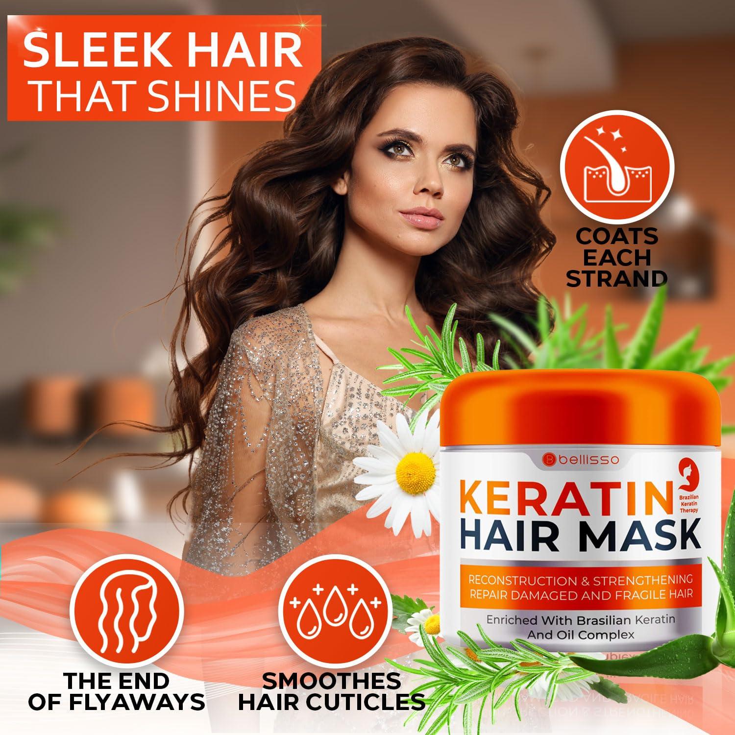 BELLISSO Keratin Hair Mask - Sulfate Free Hydrating Deep Conditioner Treatment for Dry, Damaged and Split Ends - Moisture for Frizzy and Curly Hair - For Women and Men - Moisturizer Care to Repair Damage