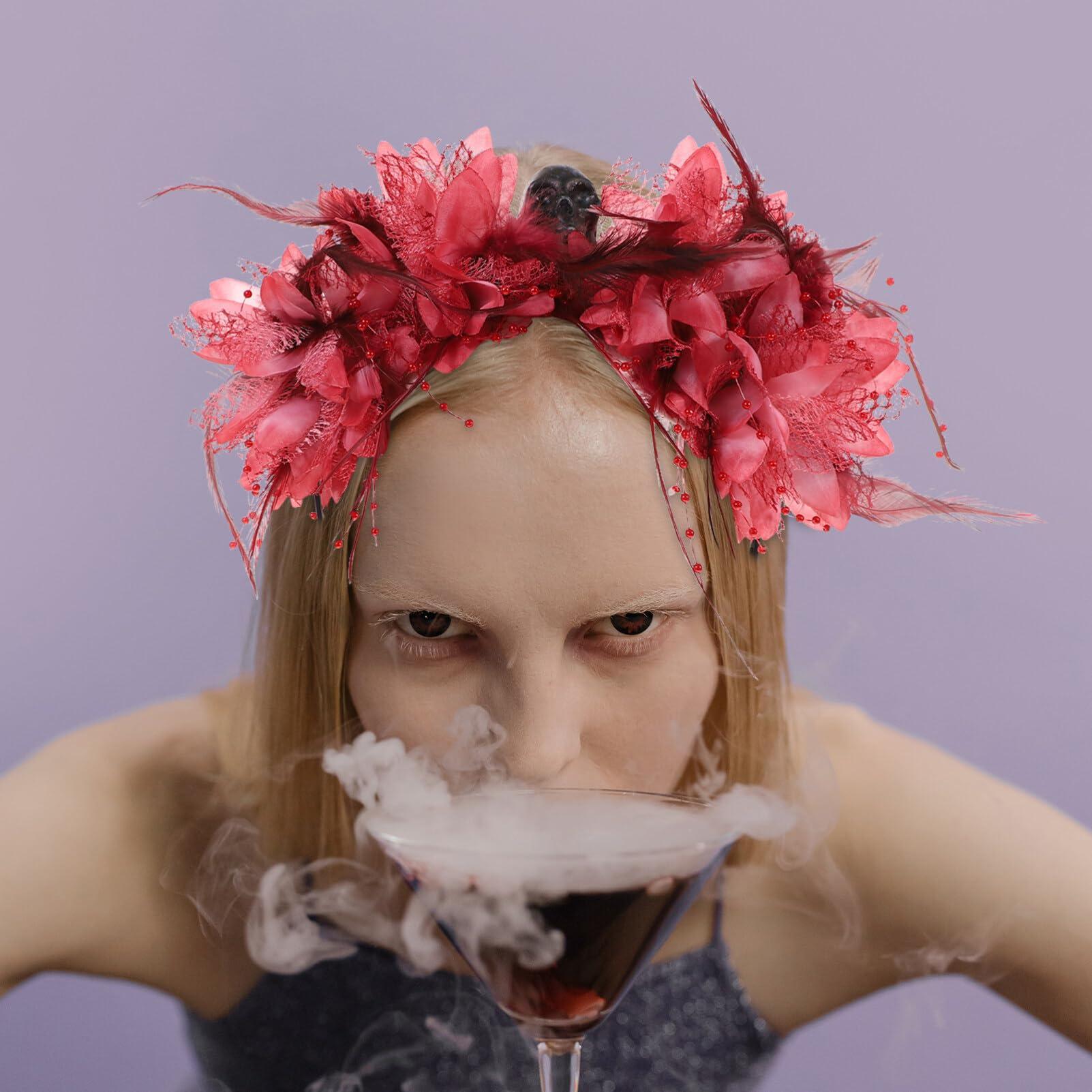 FOMIYES FOMIYES Halloween Flower Headband, Red Flower Headpiece, Artificial Flower Skull Head Buckle Hair Accessory, Day of the Dead Crown Headband, Cosplay Masquerade Party Custume