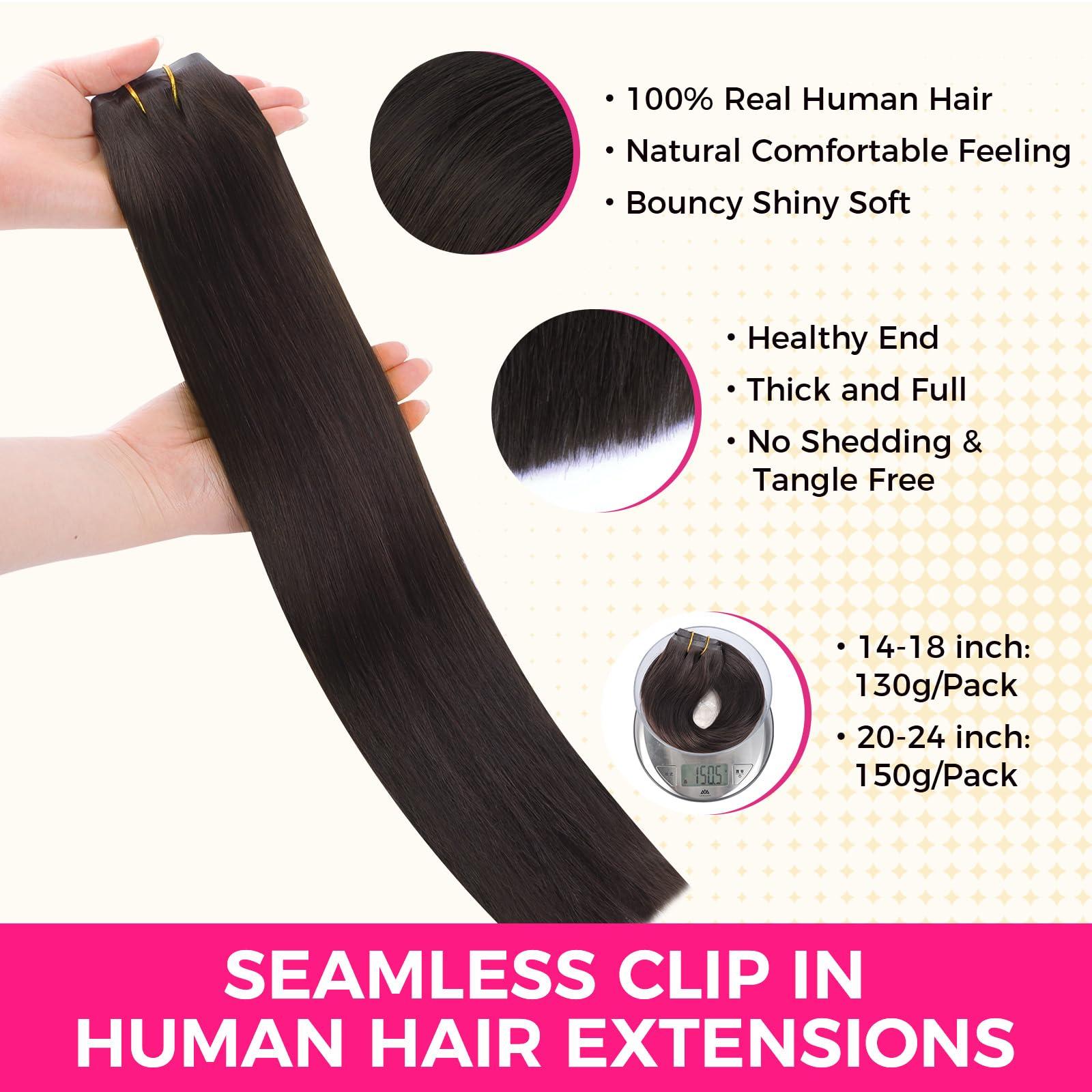 Lashey Lashey Seamless Clip in Hair Extensions Human Hair 130g 9pcs #2 Dark Brown Straight 14 Inch Clip in Hair Extensions for Women Hair Extensions with PU Soft Invisi Edge