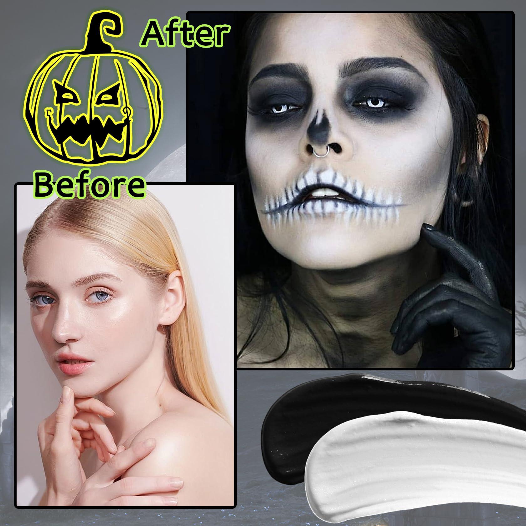 LingHaoLH 2PCS Black and White Halloween Face Body Paint Makeup Kit,Oil Based Cream Face Painting Kit,Waterproof Long Lasting Blendable Face Paint Kit for Cosplay Goth Skull Zombie Joker Vampire Makeup