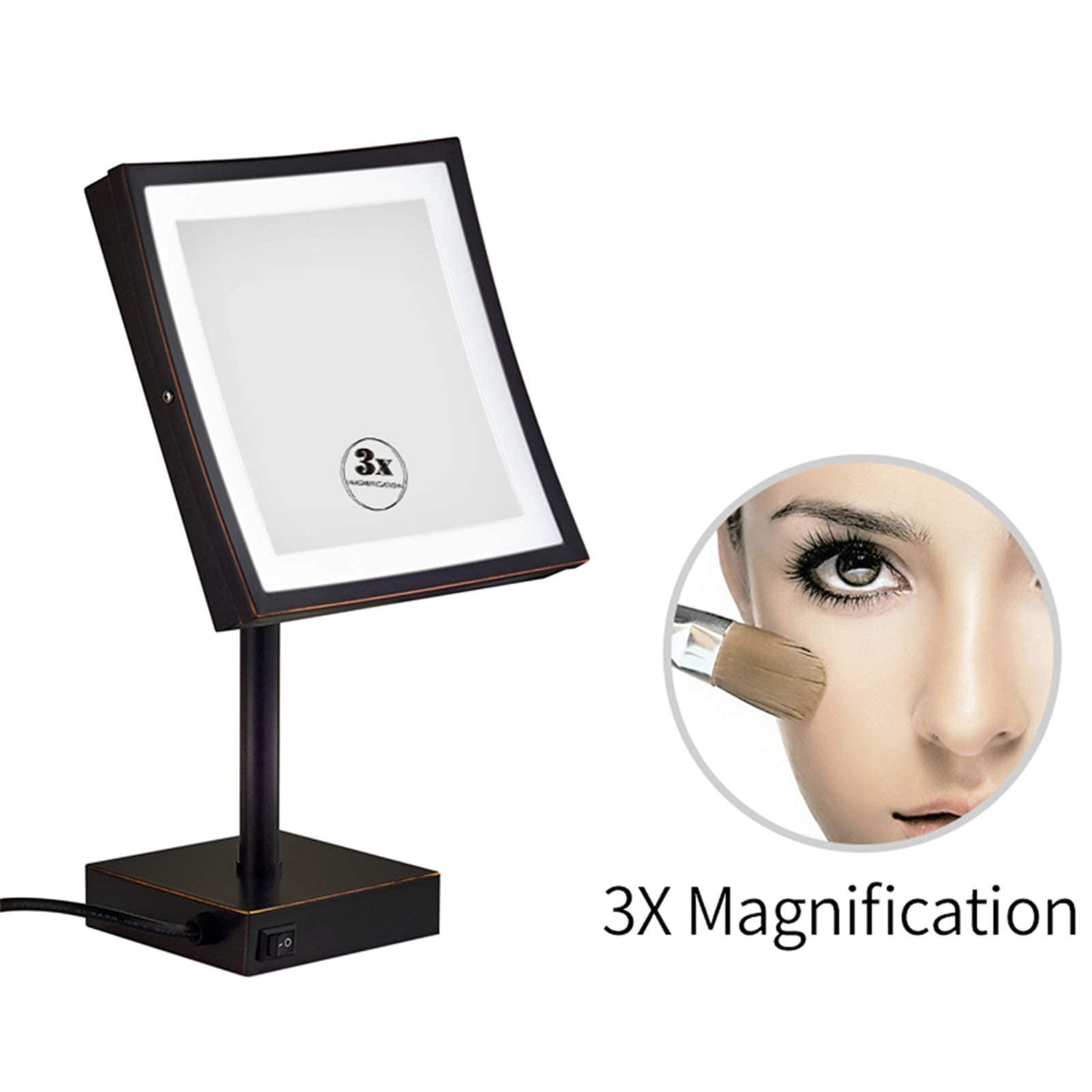MUOBSBJRX MUOBSBJRX Led Makeup Mirror with Lights 8 Inch Brass 3X Magnification Countertop Vanity Mirrors Illuminated Cosmetic Mirror with Switch and Plug (Color : Black)