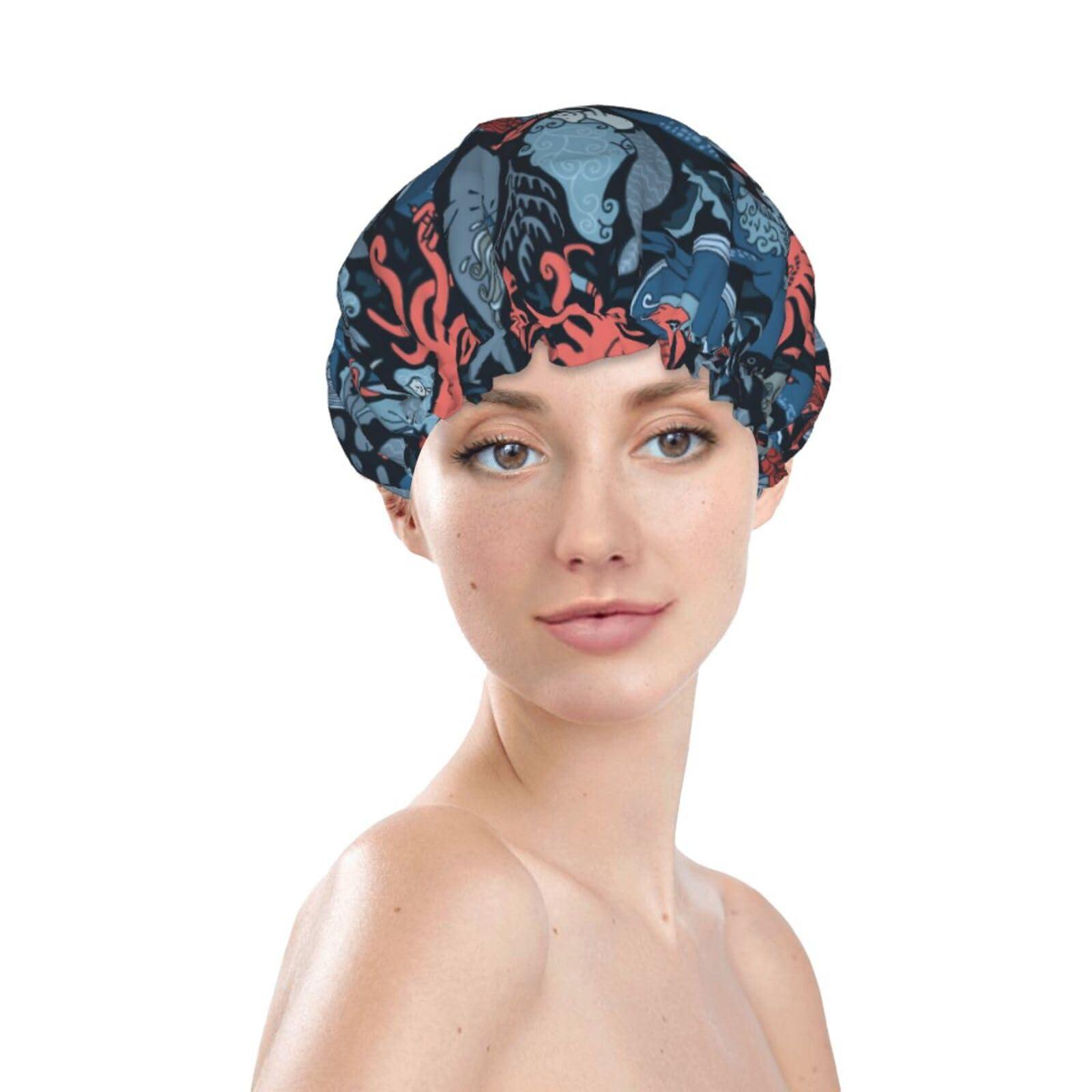 PAILON Octopus Sharks Whales Large Shower Cap For Women Men Reusable Shower Caps Waterproof Shower Cap For Braids & Long Hair shower bonnet with PEVA lined&Elastic Band Fashion showercap