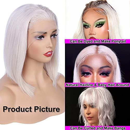 21AE 21AE REAL SKINLIKE 13x4 HD Transparent Lace Frontal 8 Inch Silky Straight Short Bob White Platinum Blonde Lace Front Wigs Human Hair Pre Plucked Bleached Knots Glueless Wigs for White Women