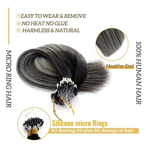 Smavida Ombre Black Hair Extensions Micro Loop Human Hair,Balayage Ombre Off Black to Grey Silver Remy Human Hair Extensions Ombre Long Straight Micro Ring Hair Extensions for Women 50g 1g/strand