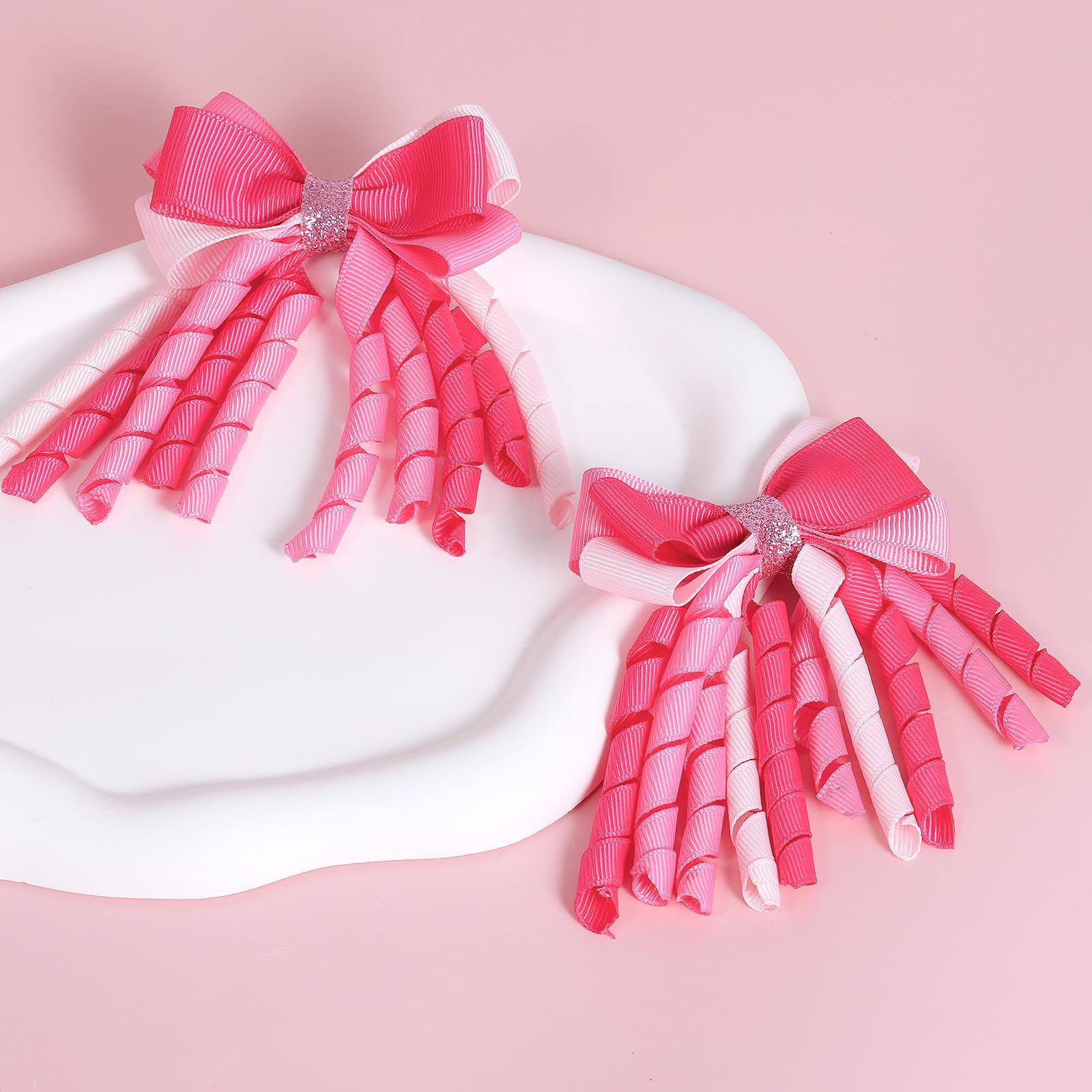 LSVOZ Valentine Hair Bow Clips 3 Inch Curly Ribbon Hair Clips Kids Girls Handmade Cheer Hair Accessories for Valentine\'s Day Party Decor, Pink&Rose Red&Light Pink