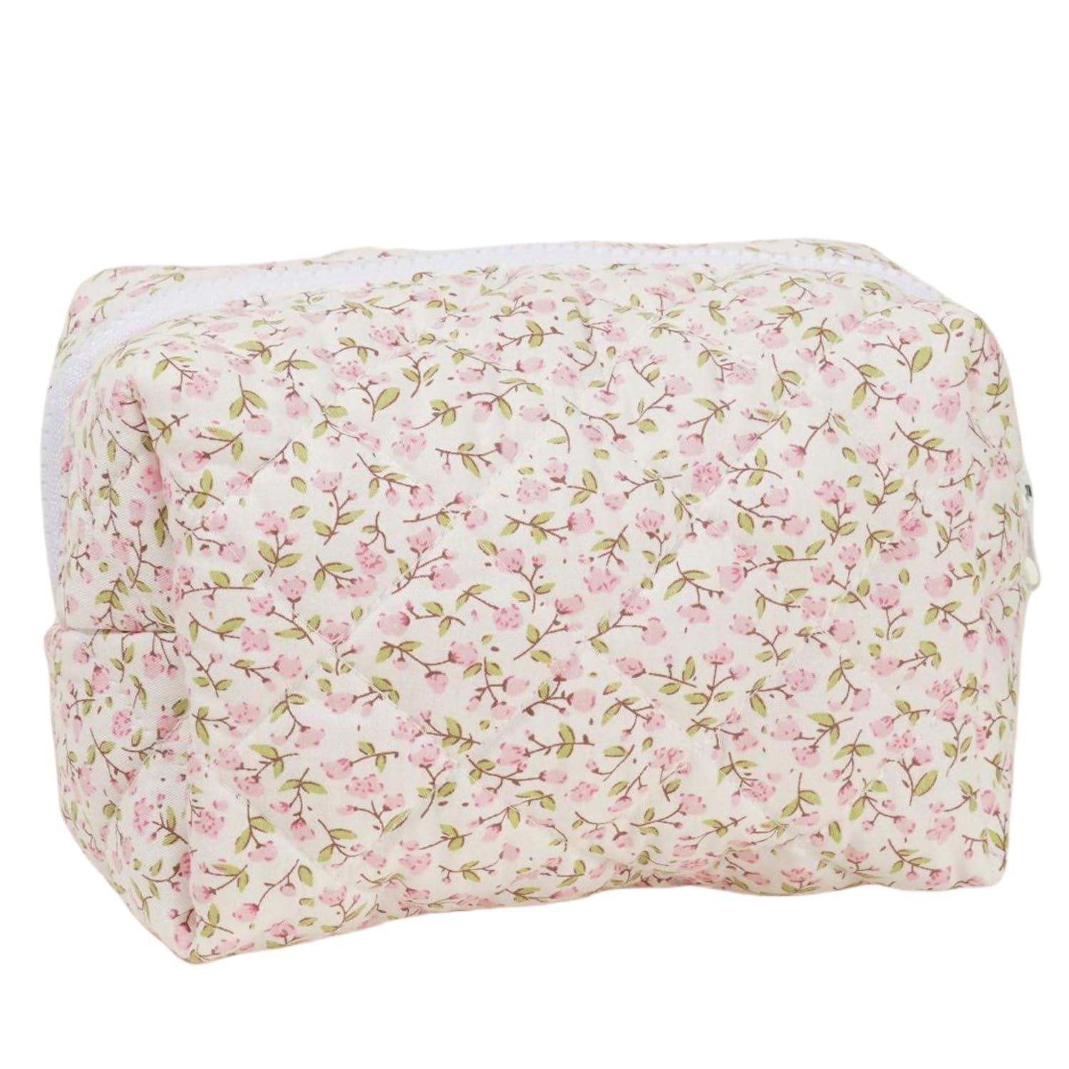 SoGhhd SoGhhd Small Quilted Cotton Makeup bag, Cute Floral Cosmetic bag, Cotton Aesthetic Makeup Pouch, Large Capacity Travel Toiletry Bag for Women and Girls (Pink)