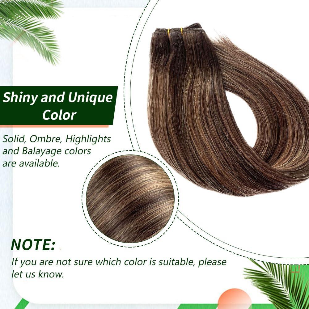 Valiilo Weft Hair Extensions Human Hair 24 Inch Sew in Hair Extension Real Human Hair 120G Double Weft Ombre Light Brown to Ash Brown Highlights Sew in Human Hair Extension Full Head Remy Hair Weft Extension