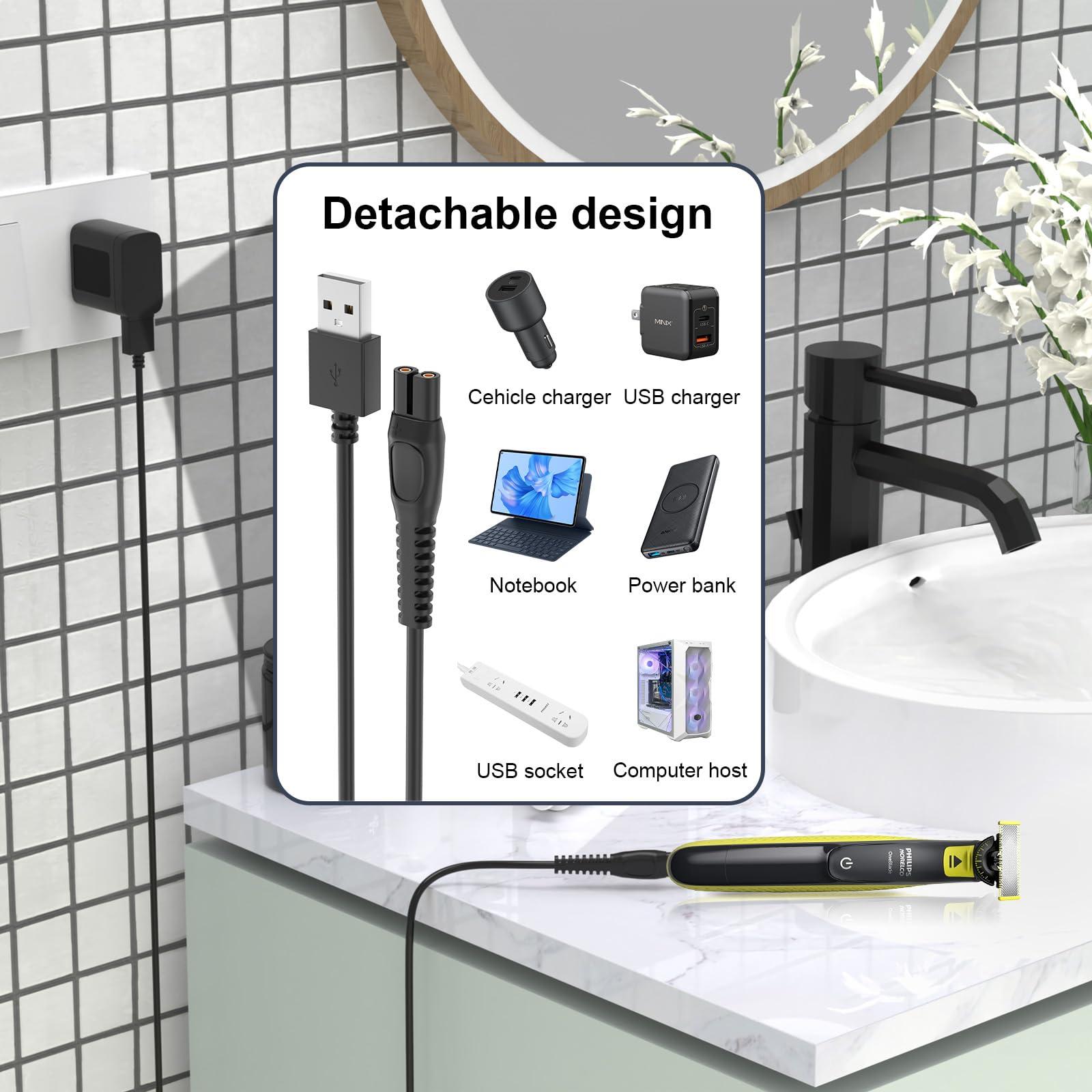 IBERLS Charger Cord for Philips Norelco One Blade QP2724 QP2834 QP1924 QP1324 MG5910 MG7910 MG9510 X5006 for Phillips One Blade Shaver 2400 3600 5400 2600 7200 5V USB Cable [2-Pack, 3,3ft]