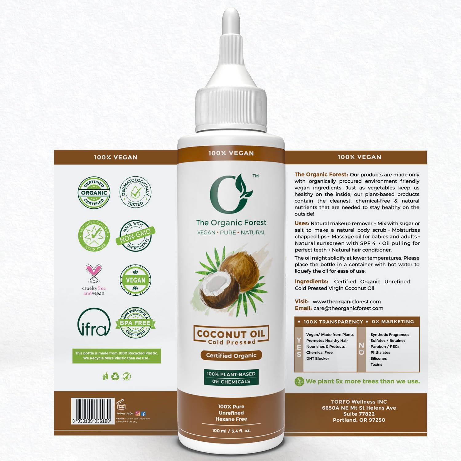 The Organic Forest  VEGAN . PURE . NATURAL USDA Certified Organic Cold Pressed Coconut Oil - Hair Oil & Massage Oil for Skin - Unrefined, Extra Virgin, Body Oil After Shower - Pure Coconut Oil for Hair & Face - Organic Coconut Oil for Baby