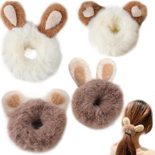 Hperu 4PCS Cute Scrunchies,Scrunchies for Girls Elastic Fluffy Scrunchies Rabbit/Bear Ear Cute Scrunchies Plush Fluffy Hair Ties Portable Thick Hair Bobbles